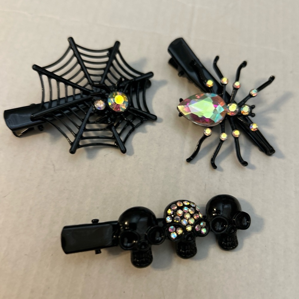 Skulls & Spider Hair Accessory Clip Black W/Red Rhinestones Emo Goth Set Of 3